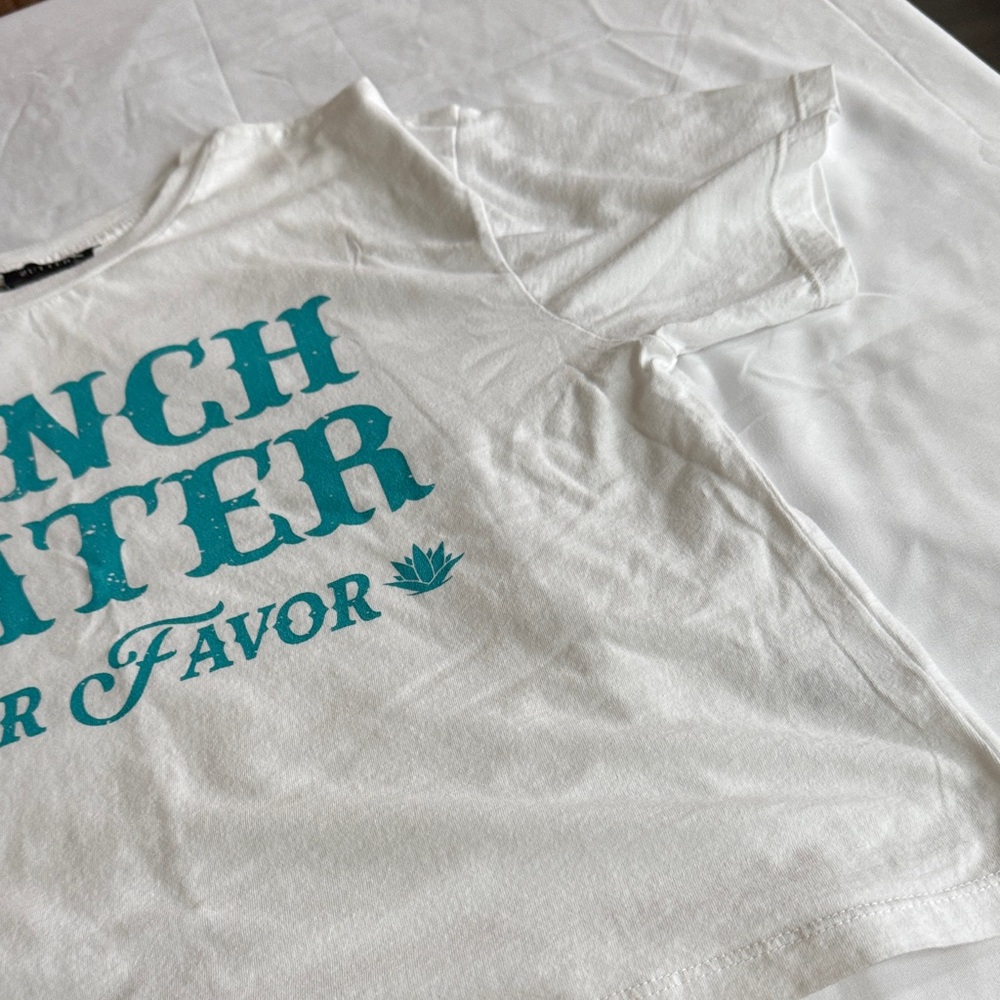 White Crop Top with Teal "Ranch Water Por Favor" Graphic - Picture 8 of 8
